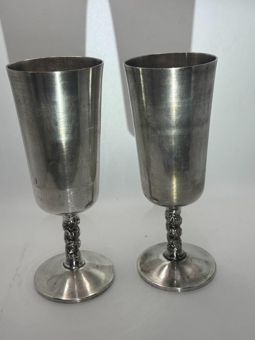 Vintage Crosby Spain Silver Plate Wine Goblets Chalice Vine Stem Set of 2